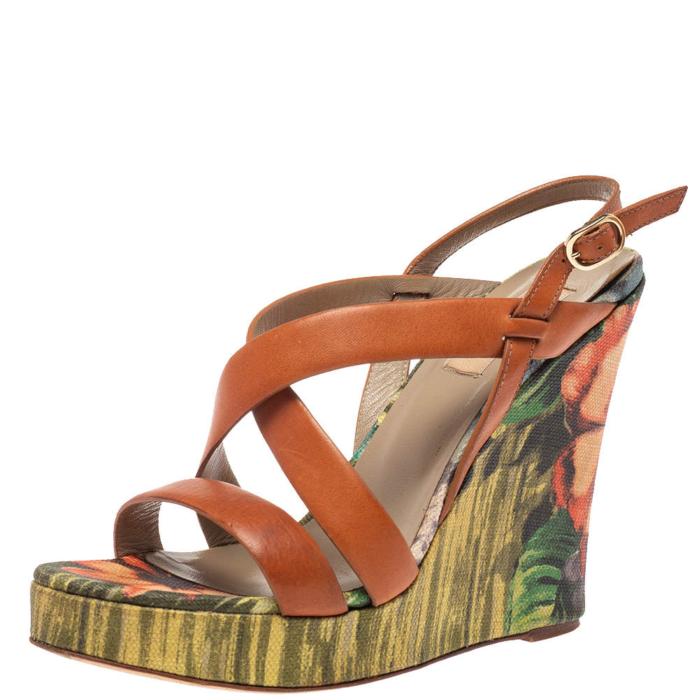 Pre Owned Valentino Brown Leather Cross Strap Wedge Sandals Size 39