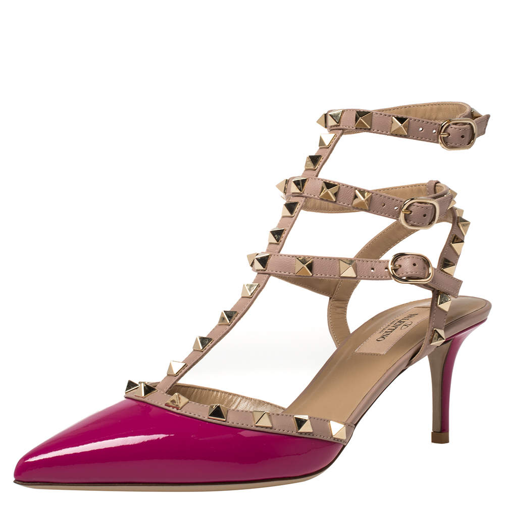 Pre Owned Valentino Pink Patent Leather Caged Rockstud Ankle Strap Sandals Size38.5
