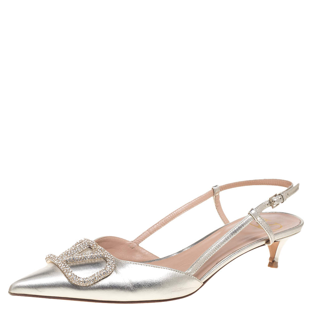 Pre Owned Valentino Metallic Leather VLogo Signature Slingback Pumps Size 39