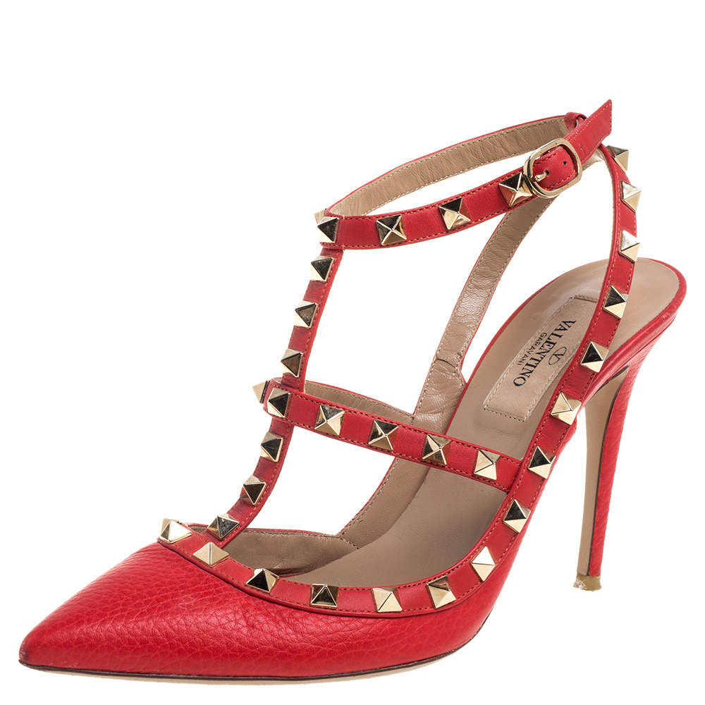 Valentino Red Leather Rockstud Ankle Strap Caged Sandals Size 38