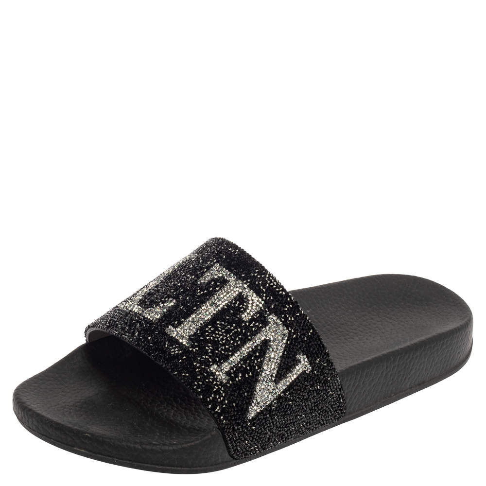 Valentino Black Crystal Logo Slide Sandals Size 39