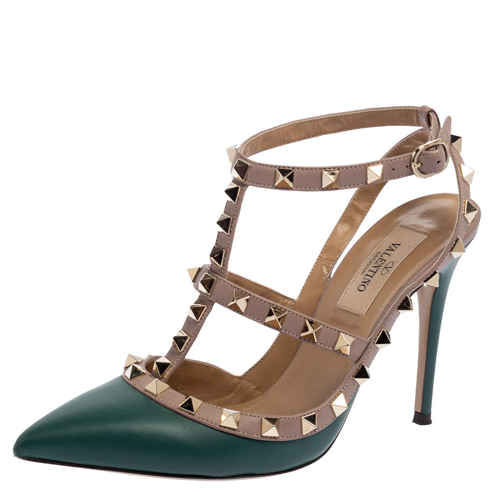 Valentino Green/Beige Leather Rockstud Sandals Size 36