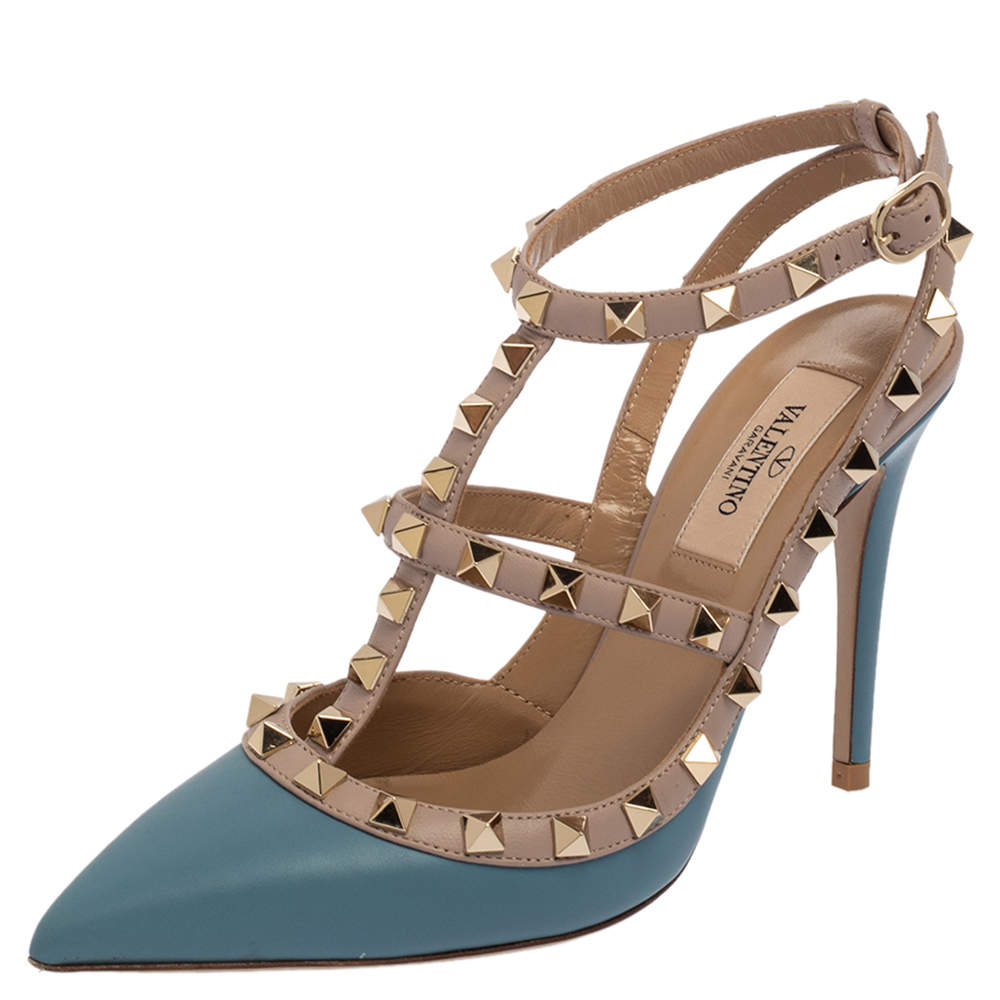 Pre Owned Valentino Blue/Beige Leather Rockstud Ankle Strap Sandals Size 36
