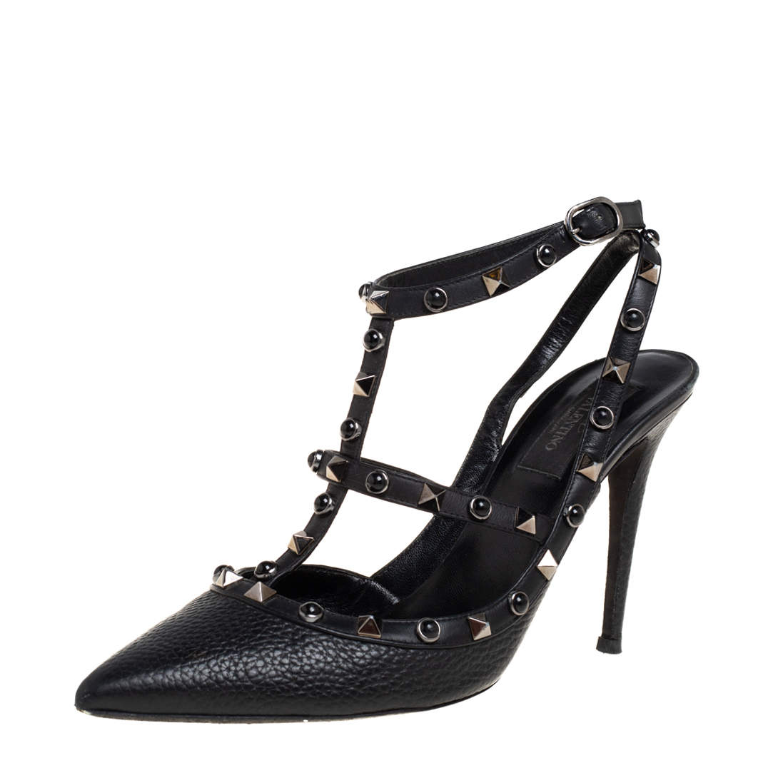 Valentino Black Leather Rolling Rockstud Pointed Toe Ankle Strap ...