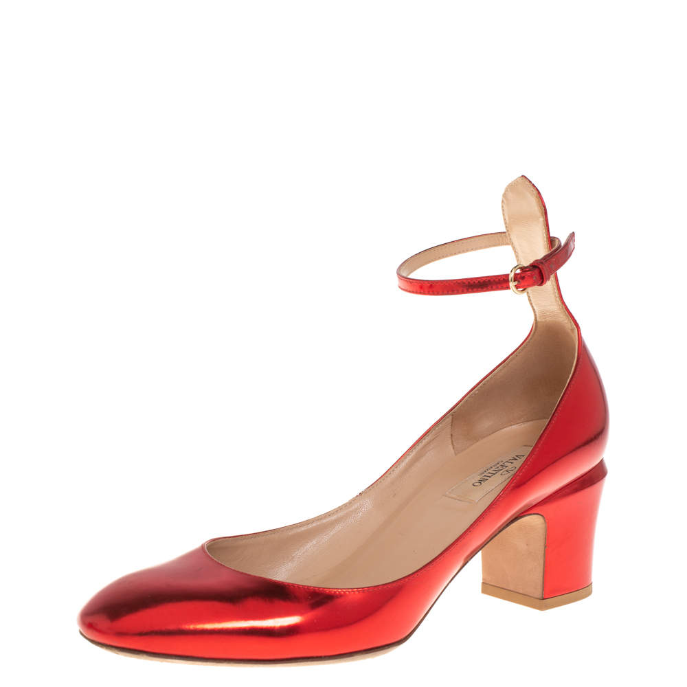 Pre Owned Valentino Metallic Red Leather Tango Block Heel Ankle Strap  Pumps Size 39