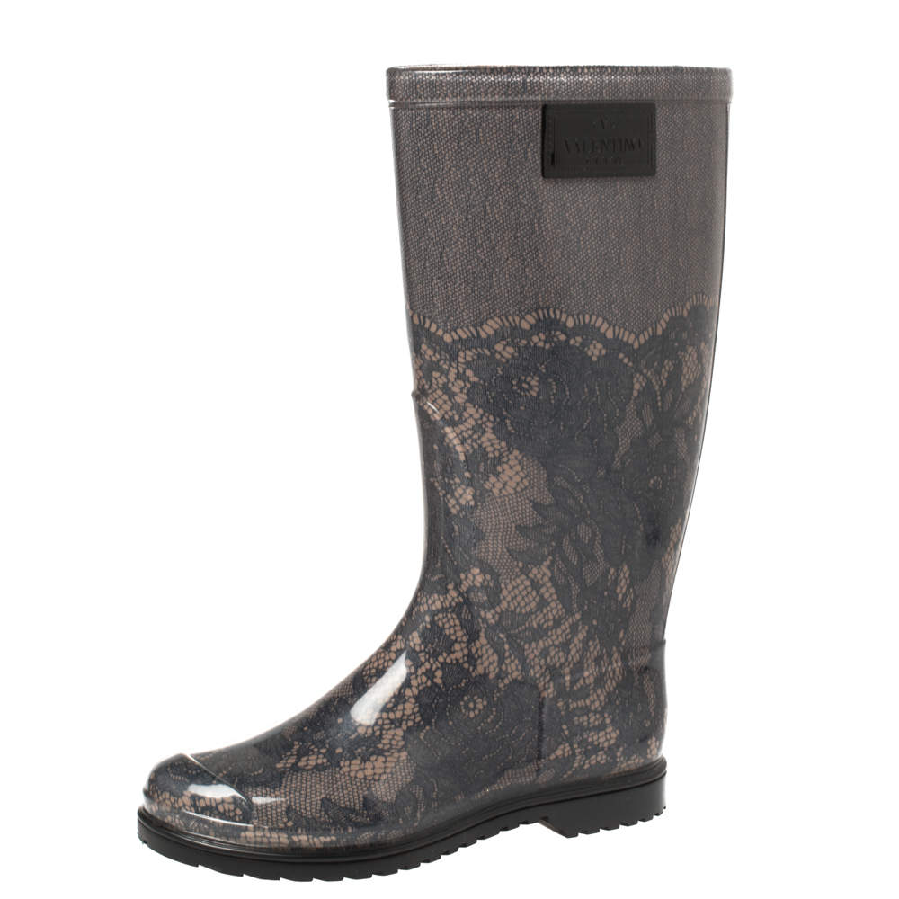 Pre Owned Valentino Black/Beige Lace Print Rubber Rain Boots Size 36