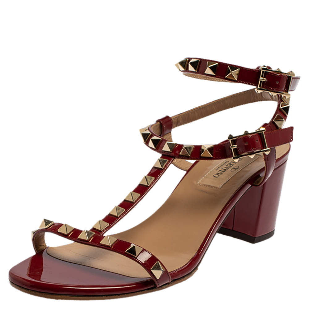 Pre Owned Valentino Red Patent Leather Rockstud Block Heel Ankle Strap Sandals Size 38
