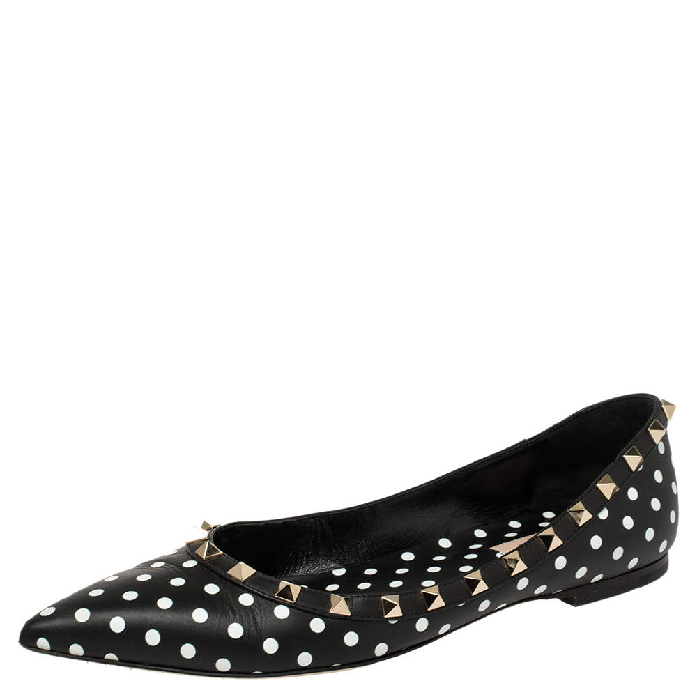 Pre Owned Valentino Black/White Leather Polka Dot Rockstud Ballet Flats Size 39