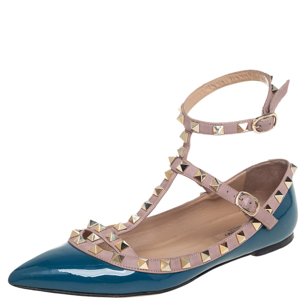 Valentino Blue/Beige Patent Leather Rockstud Ankle Strap Flat Sandals Size 36.5