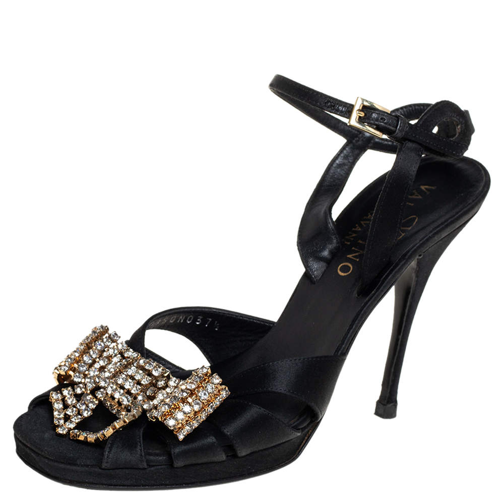 Pre Owned Valentino Black Satin Bow Crystal Embellished Ankle strap Sandals Size 37