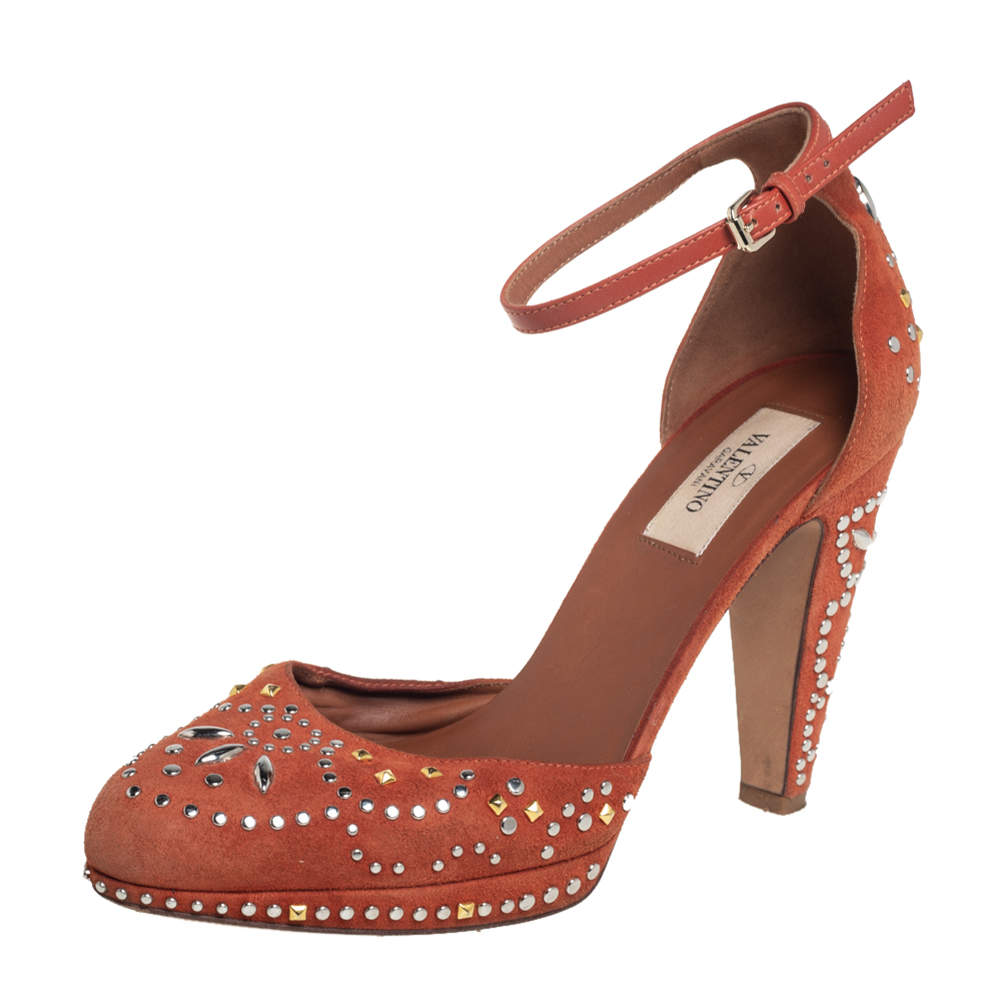 Valentino Orange Leather And Embellished Suede Teodora Ankle Strap Pumps Size 38