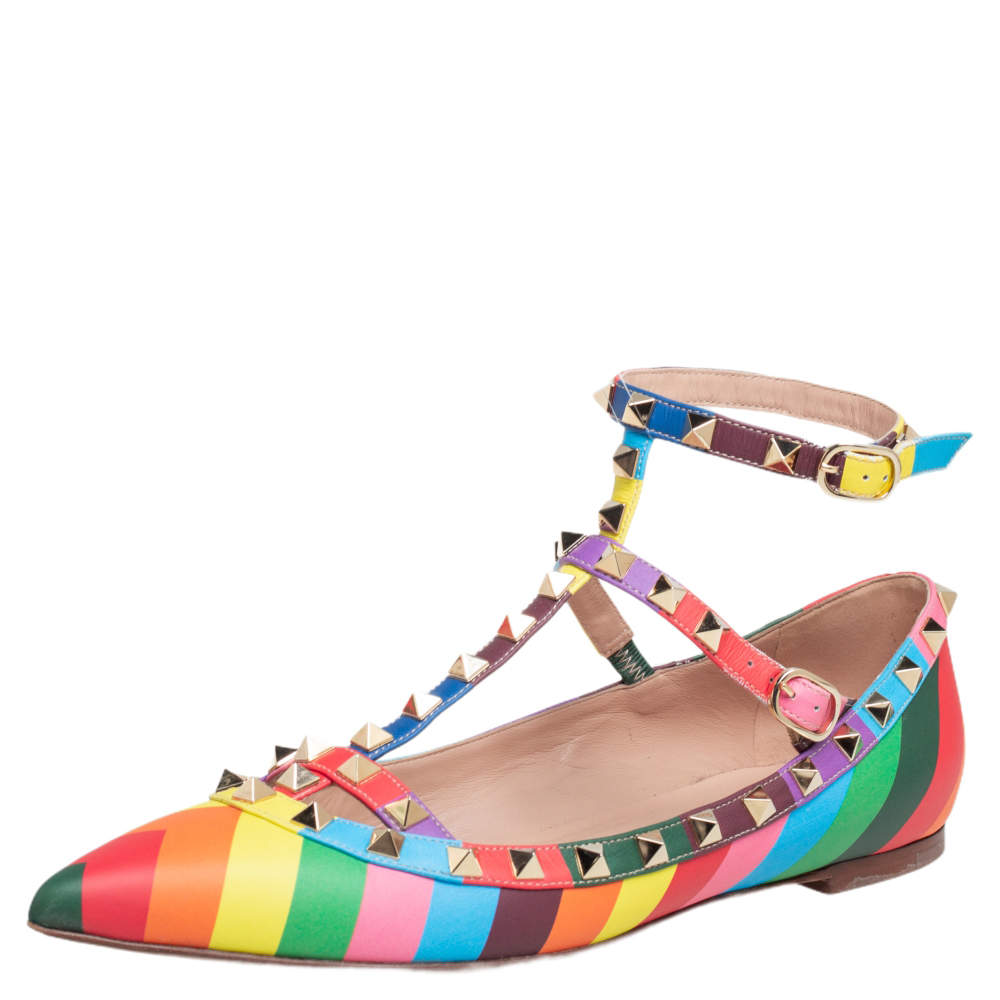 Pre Owned Valentino Multicolor Leather Rockstud Ballet Flats Size 39