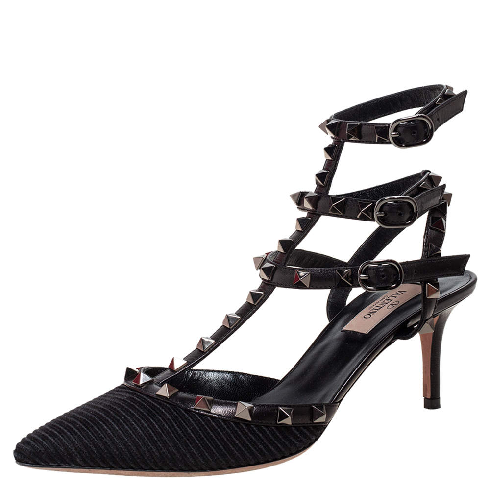 Pre Owned Valentino Black Fabric And Leather Rockstud Caged Pointed Toe Pumps Size 39