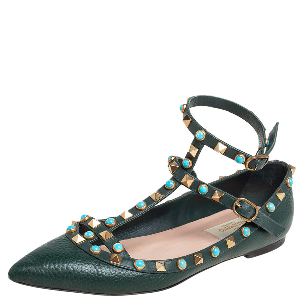 Pre Owned Valentino Green Leather Rolling Rockstud Ankle Strap Ballet Flats Size 36.5