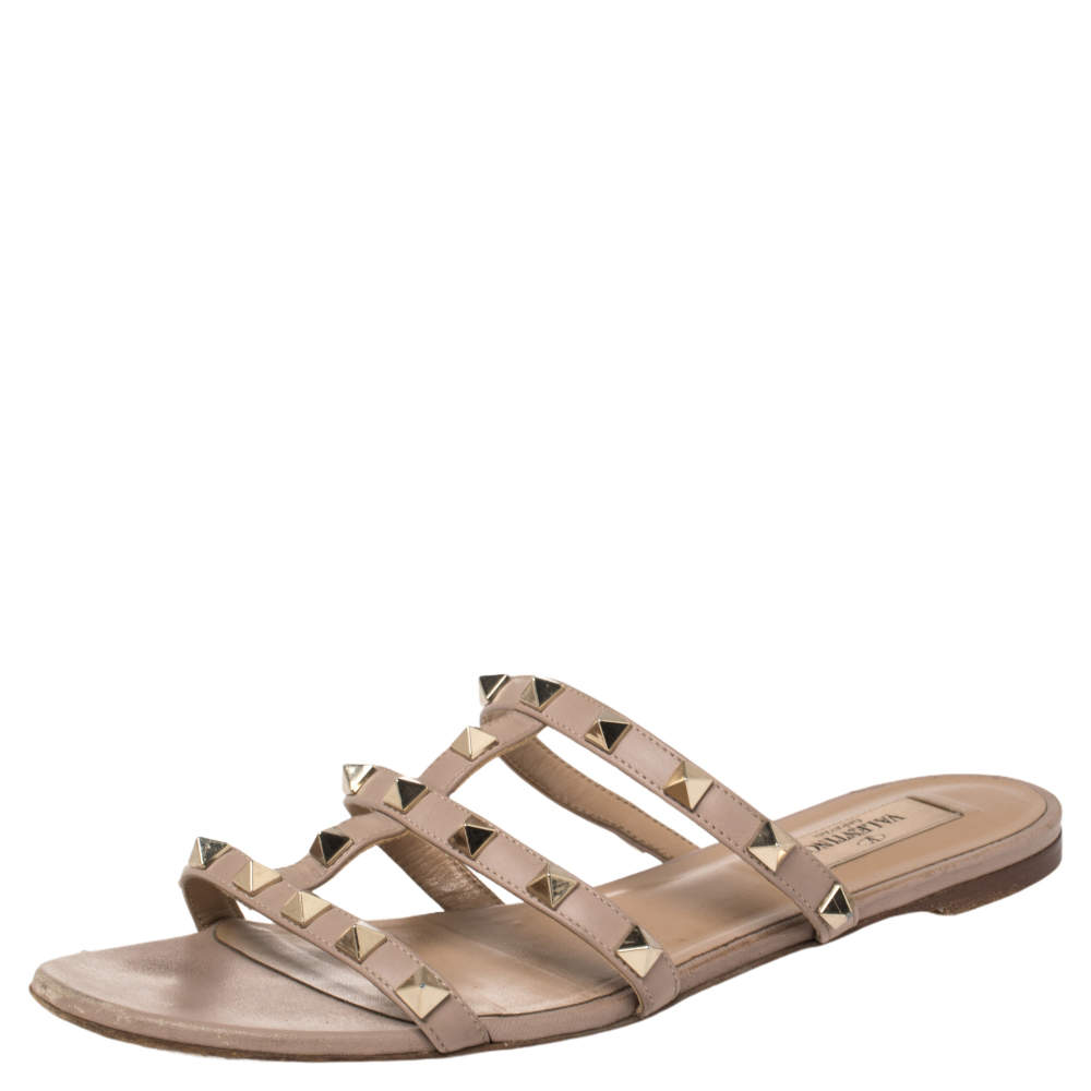Valentino Nude Pink Leather Rockstud Sandals Size 37.5
