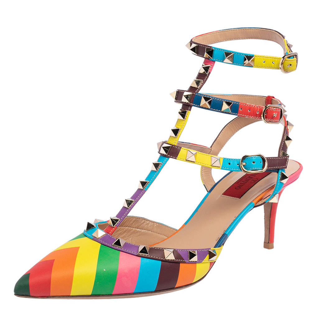 Pre Owned Valentino Multicolor Leather Rockstud 1973 Ankle Strap Sandals Size 40.5