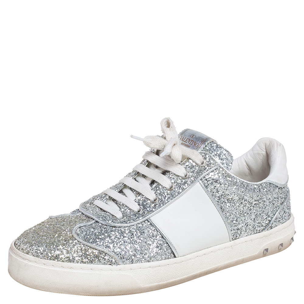 Valentino Silver/White Glitter and Leather Fly Crew Low Top Sneakers Size 40