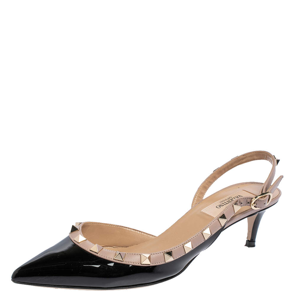 Pre Owned Valentino Black/Beige Patent And Leather Rockstud Pointed Toe Slingback Sandals Size 37.5