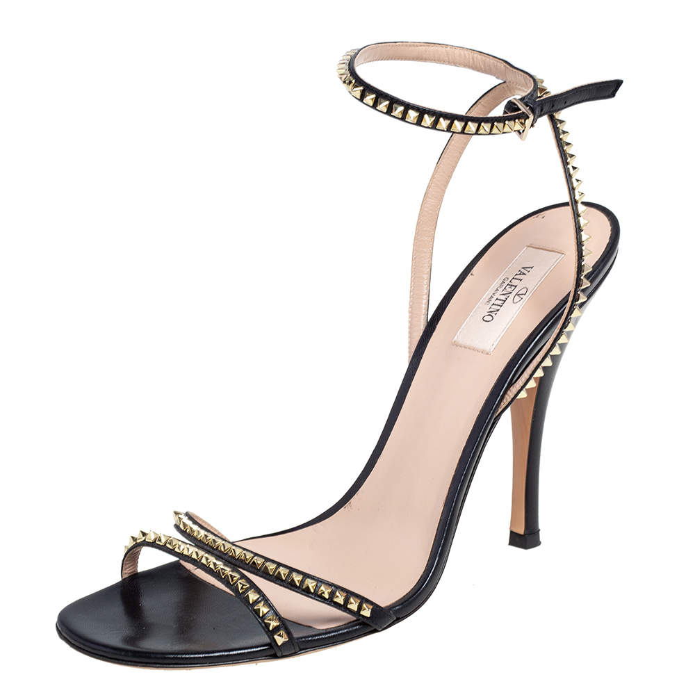 Pre Owned Valentino Black Leather Rockstud Spike Ankle Strap Sandals Size 41.5