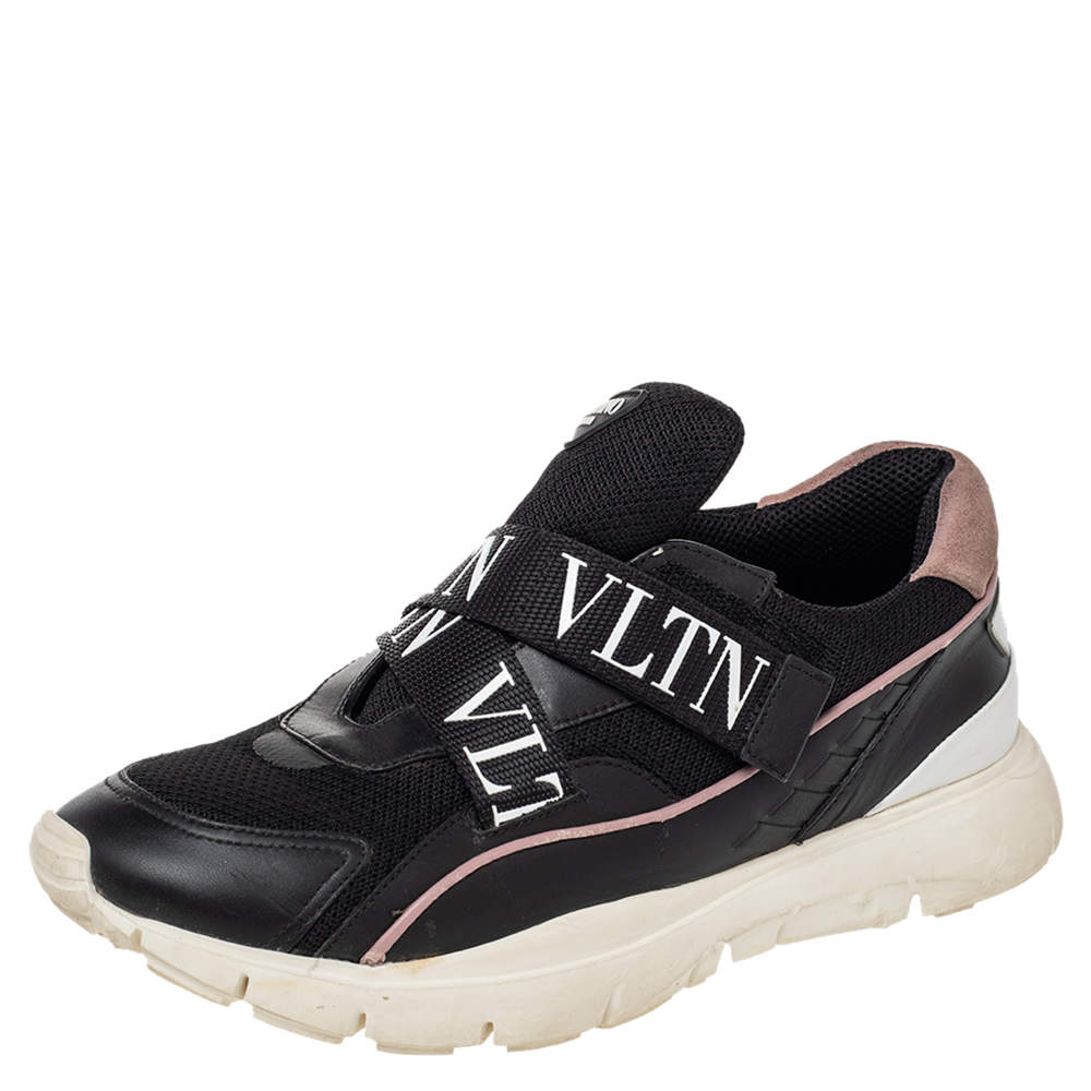 Pre Owned Valentino Black Mesh And Leather VLTN Heroes Velcro Strap Sneakers Size 39