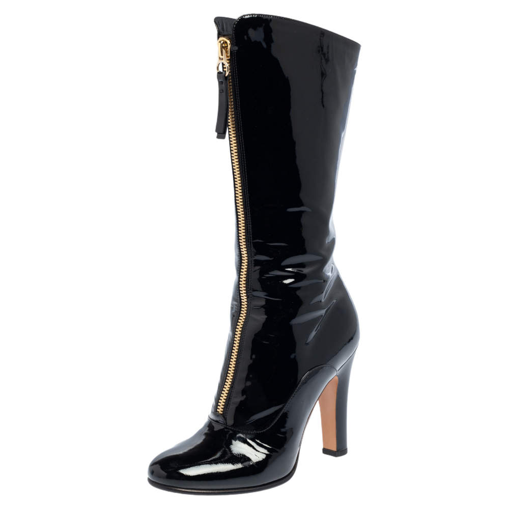 مملوكة مسبقًا Valentino Black Patent Leather Zip Detail Mid Calf Boots Size 38