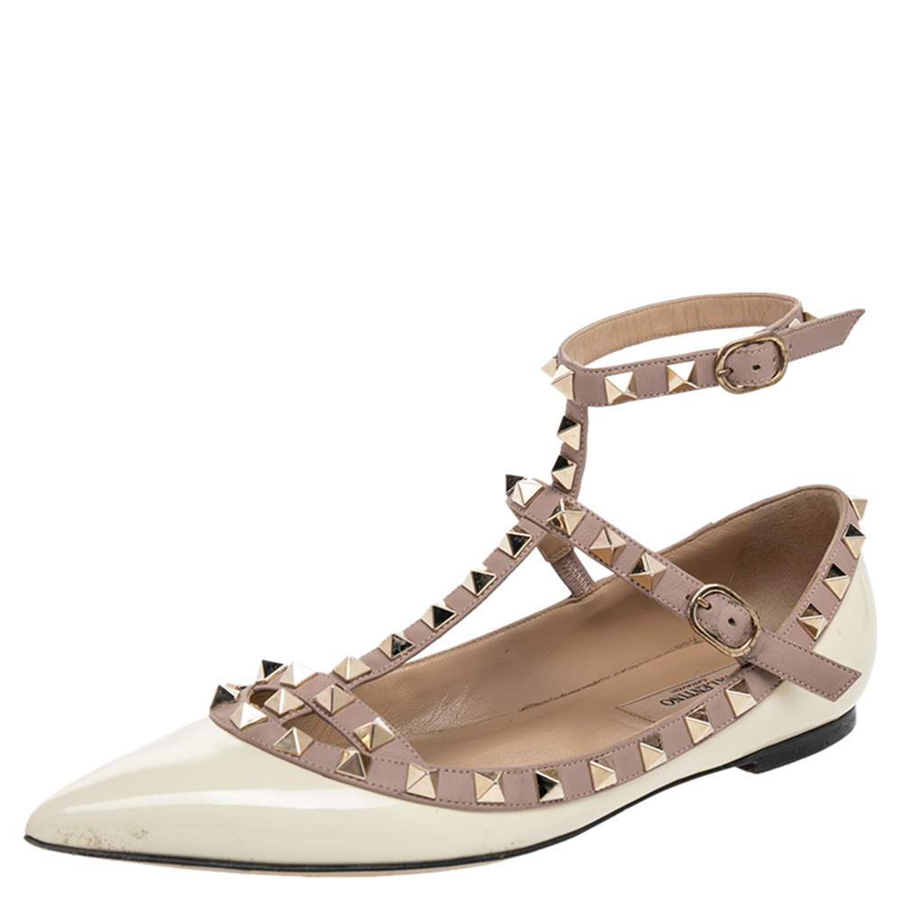Pre Owned Valentino Cream/Beige Patent And Leather Rockstud Flats Size 36.5