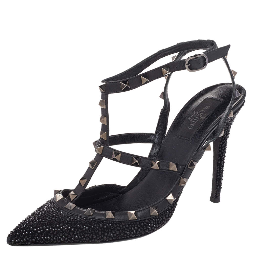 Pre Owned Valentino Black Leather Crystal Embellished Rockstud Ankle Strap Sandals Size 40