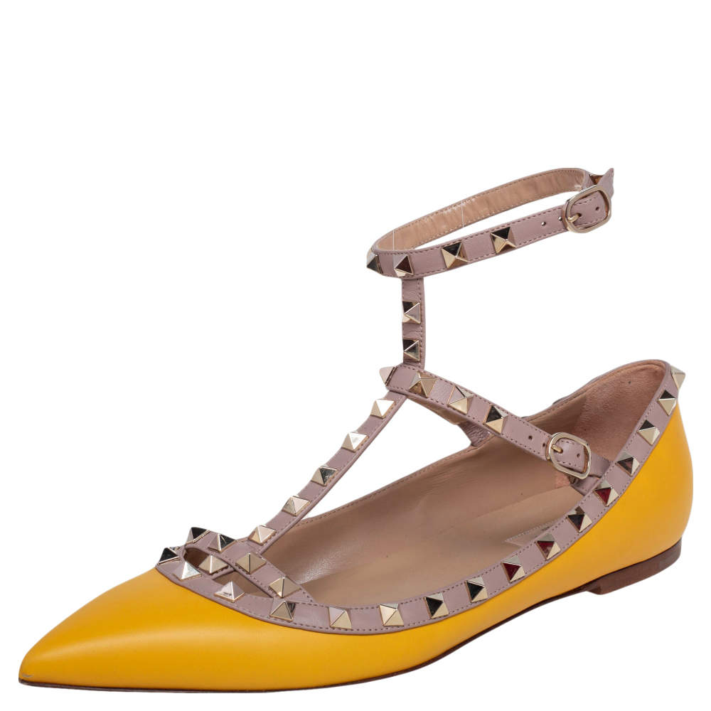 Valentino Yellow/Beige Leather Rockstud Ankle Strap Ballet Flats Size 41