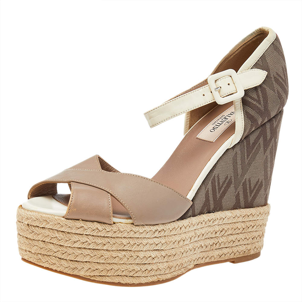 Valentino Beige/Brown Leather And Fabric Wedge Platform Espadrille Sandals Size 39.5