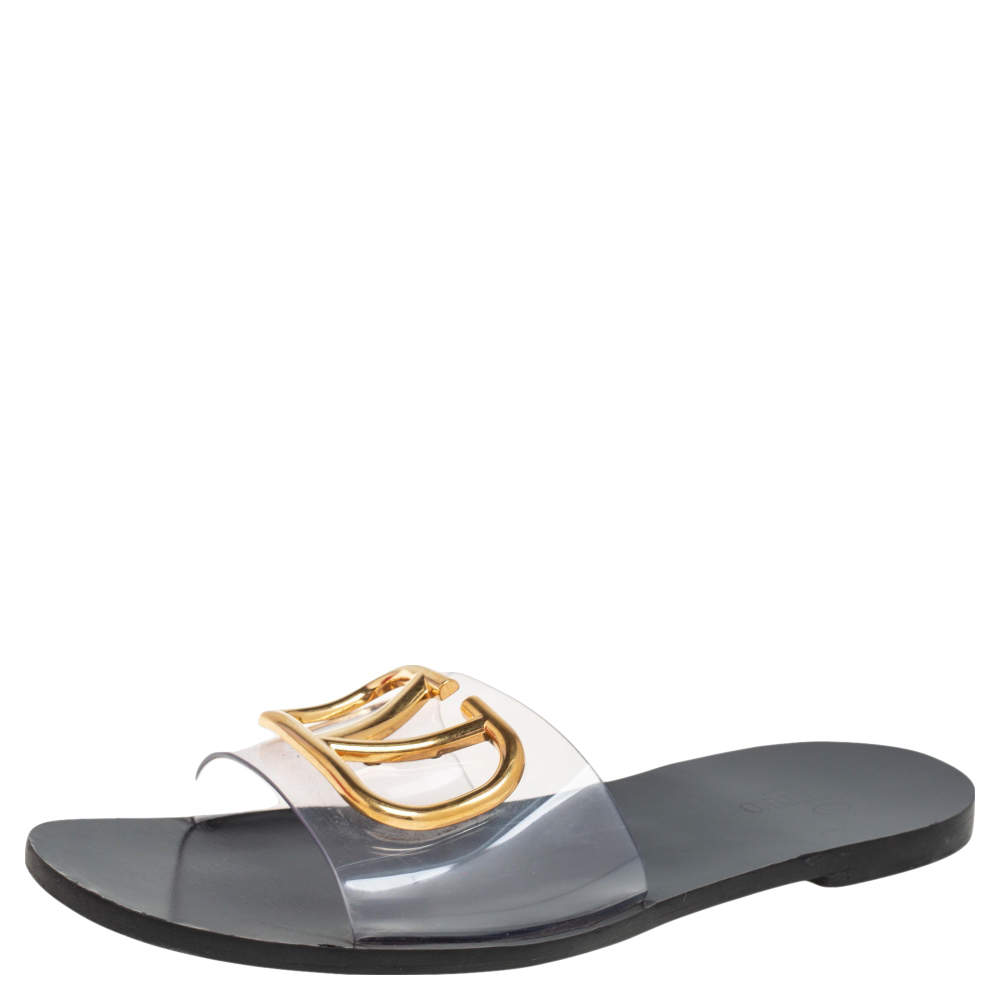 Pre Owned Valentino Black PVC Vlogo Slide Flats Size 38.5