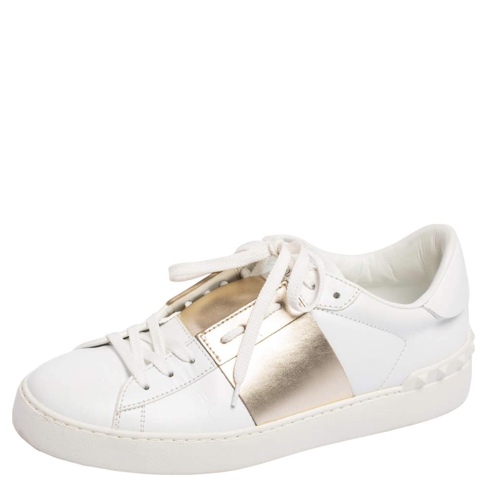 Valentino White/Metallic Gold Band Leather Open Low Top Sneakers Size 39