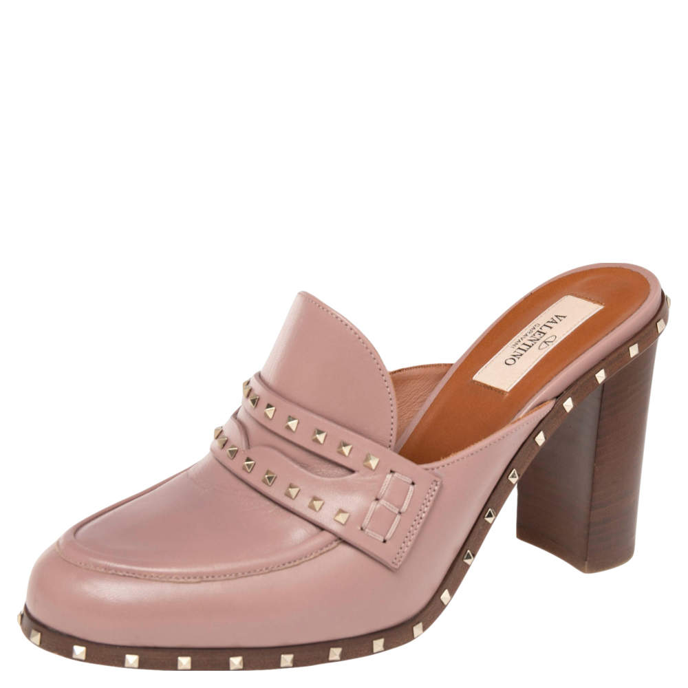 Valentino Pale Pink Leather Rockstud Penny Loafer Mules Size 38.5