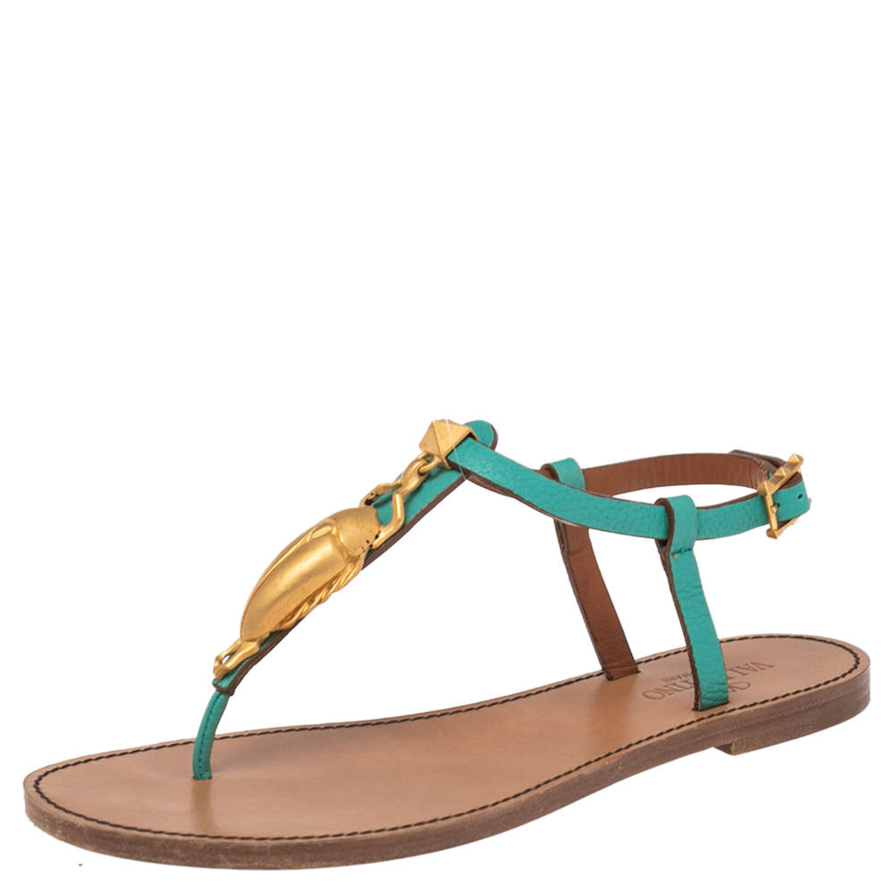Valentino Green/Beige Leather Scarab Thong Sandals Size 38