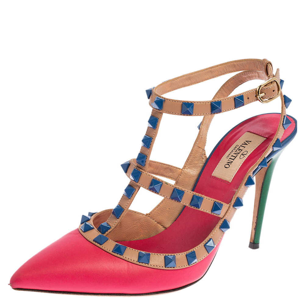 مملوكة مسبقًا Valentino Multicolor Leather Rockstud Pointed Toe Sandals Size 37.5