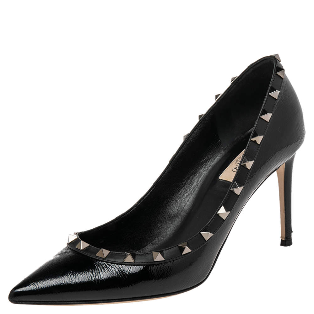Pre Owned Valentino Black Patent Leather Rockstud Pointed Toe Pumps Size 40