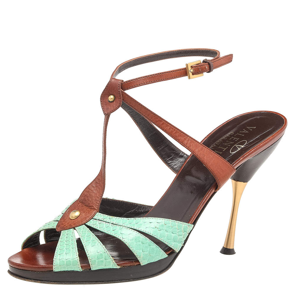 Pre Owned Valentino Green/Brown Embossed Leather Slingback Sandals Size 41