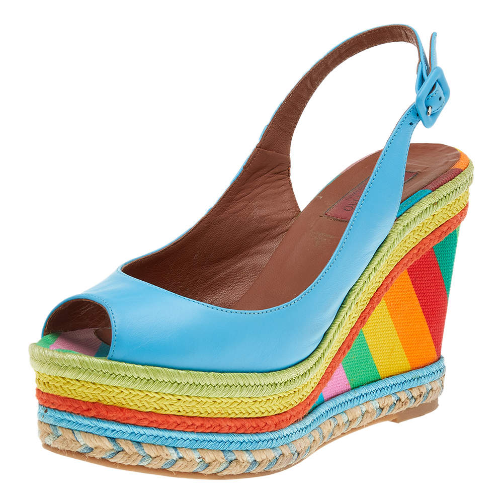 Valentino Blue Leather Peep Toe Singback Rainbow Wedge Sandals Size 39 ...