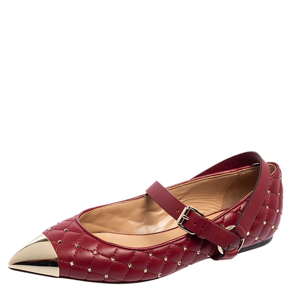 Pre Owned Valentino Burgundy Quilted Leather Rockstud Spike Metal Cap-Toe Ballet Flats Size 37