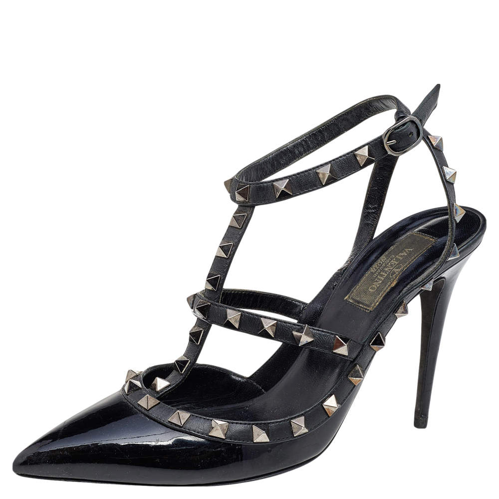 Pre Owned Valentino Black Patent And Leather Rockstud Sandals Size 39