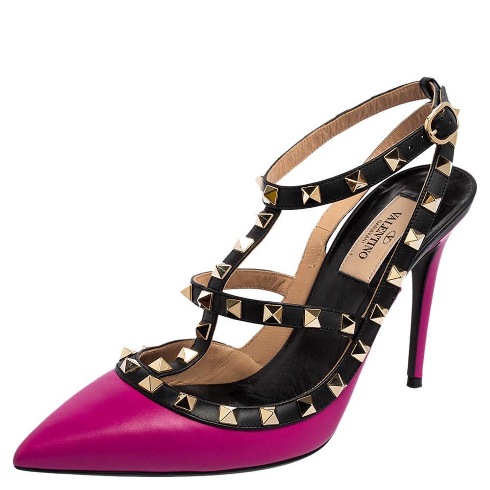 Pre Owned Valentino Black/Pink Leather Rockstud Pointed-Toe Sandals Size 38.5