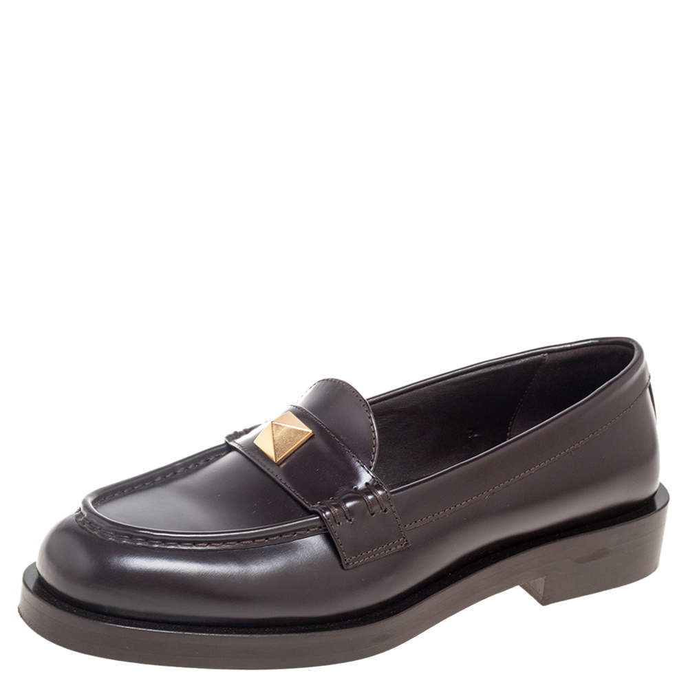 Pre Owned Valentino Dark Brown Leather Roman Stud Loafers Size 39.5