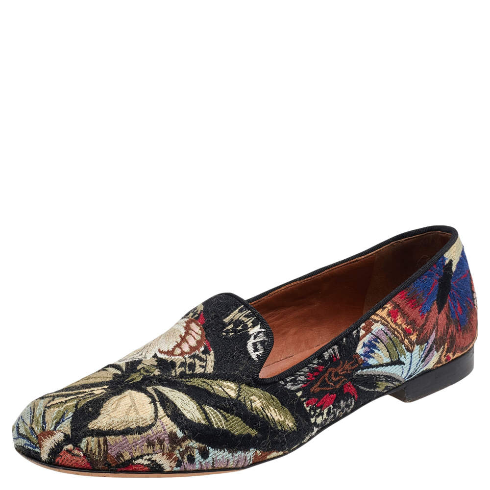 Pre Owned Valentino Multicolor Embroidered Canvas Smoking Slippers Size 38.5