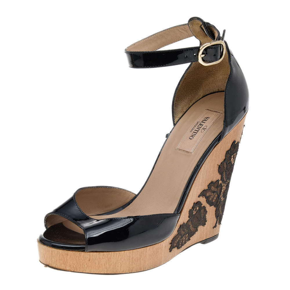 Pre Owned Valentino Black Patent Leather Ankle Strap Wedge Sandals Size 38