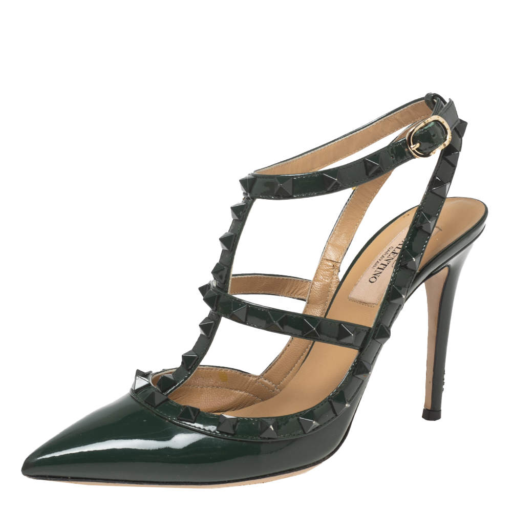 Pre Owned Valentino Dark Green Patent Leather Rockstud Ankle-Strap Pumps Size 37.5