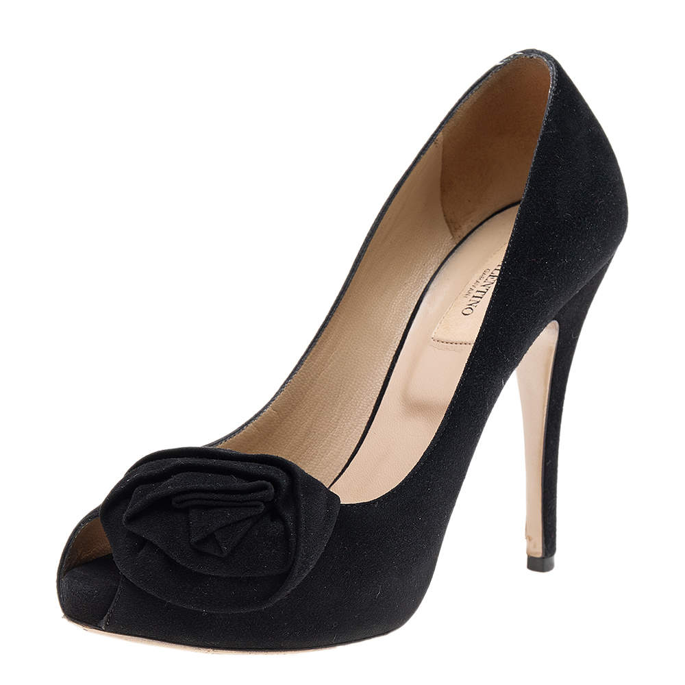 Pre Owned Valentino Black Suede Knotted Peep Toe Pumps Size 37.5