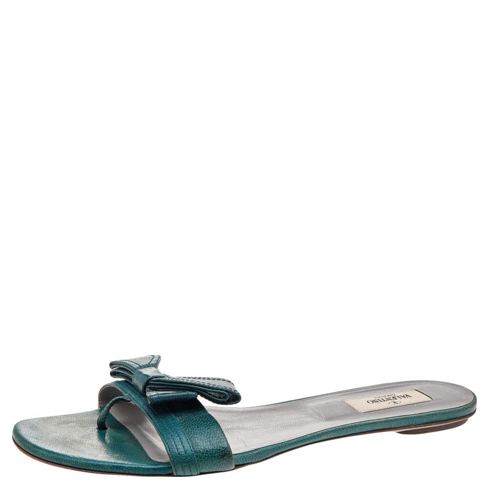 Pre Owned Valentino Green Leather Ribbon Flat Slide Sandals Size 41
