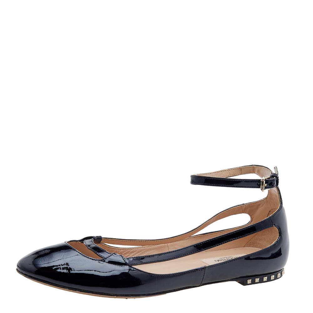 Pre Owned Valentino Black Patent Leather Ankle Strap Ballet Flats Size 36