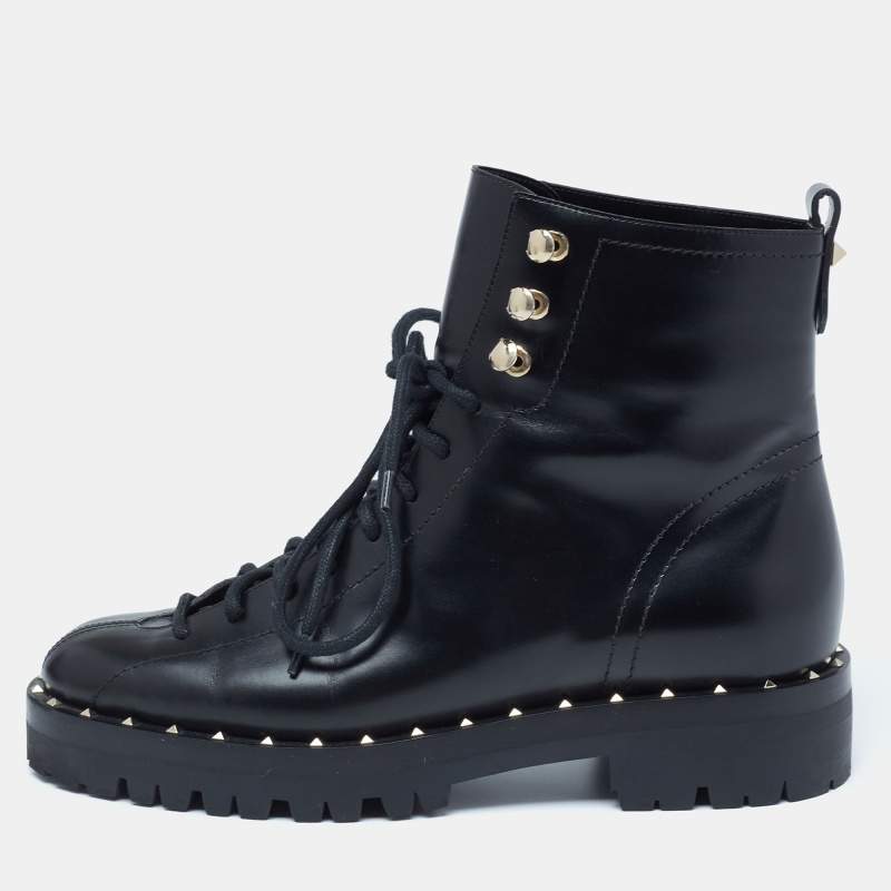 Pre Owned Valentino Black Leather Rockstud Ankle Length Boots Size 36