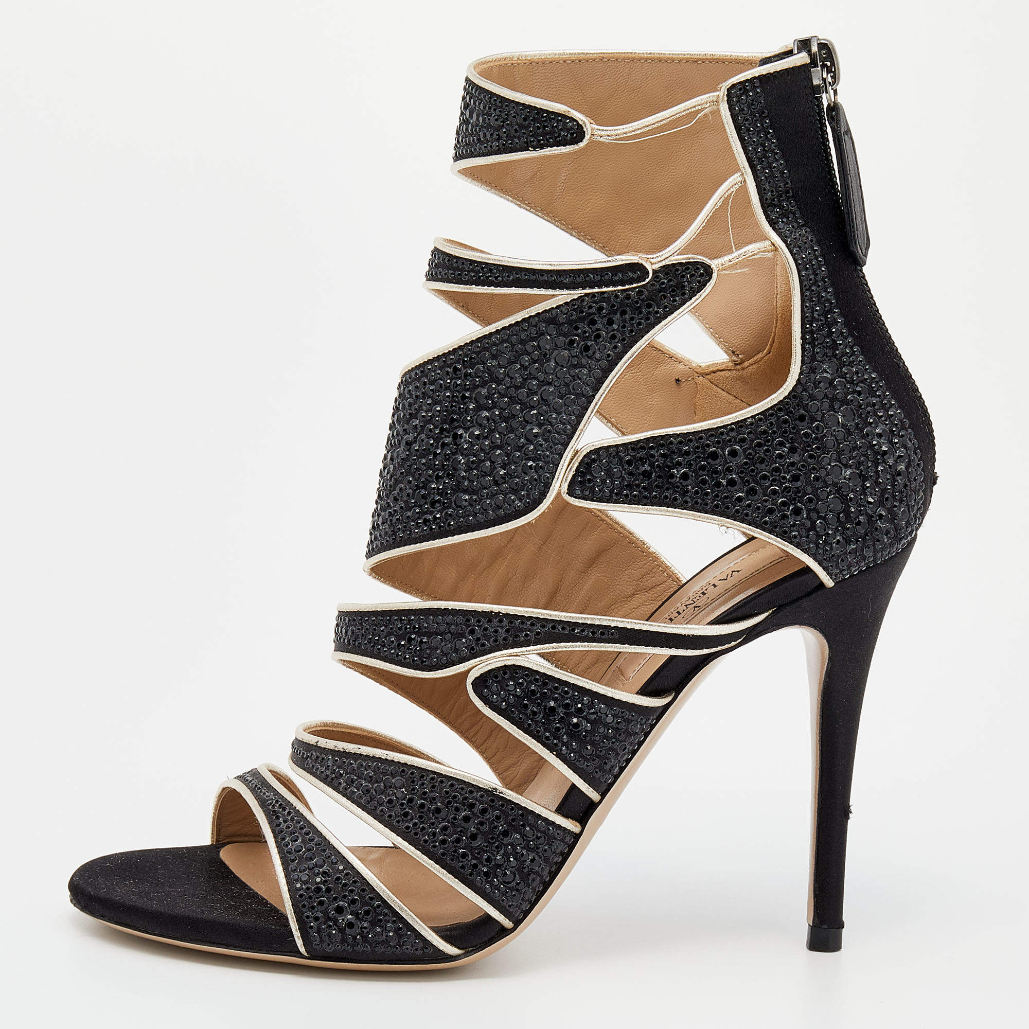 Pre Owned Valentino Black Embellished Satin Sandals Size 37.5