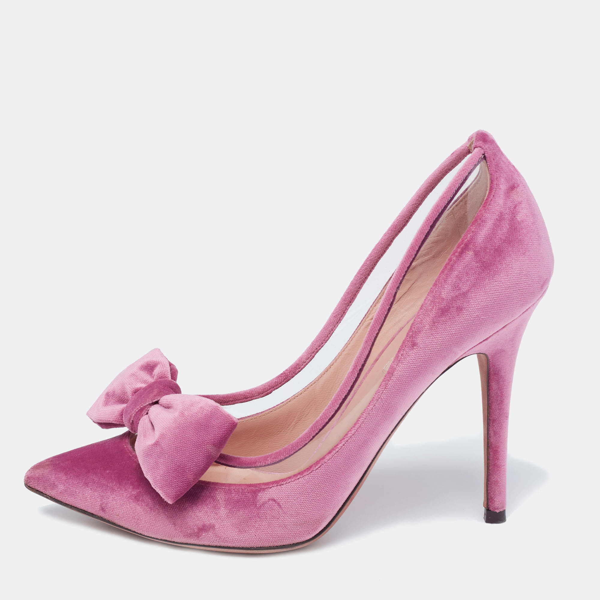 Pre Owned Valentino Pink Velvet and PVC Dollybow Pointed-Toe Pumps Size 37